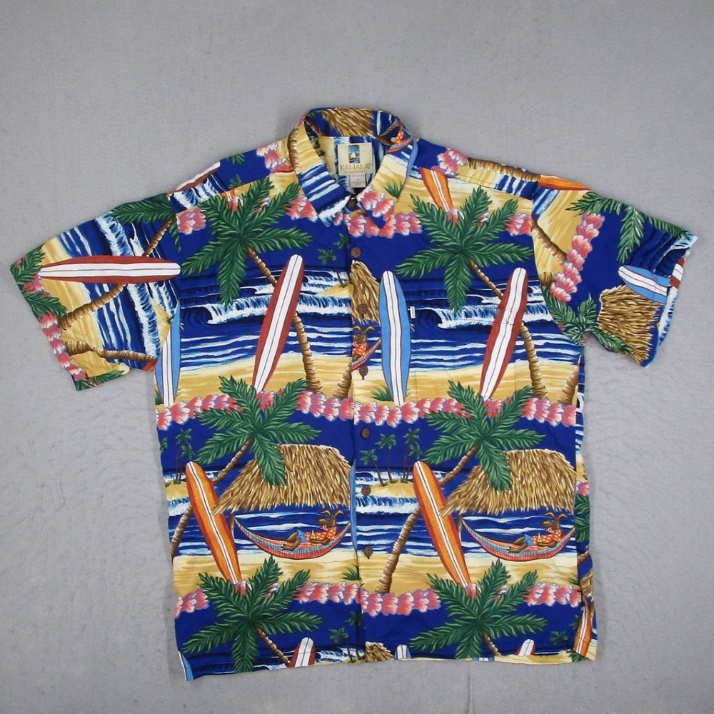 Kahala Mens Hawaiian Shirt Large Blue Tropical Surfboard Dog Rayon Made in USA